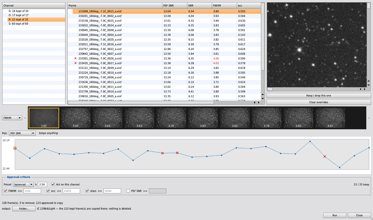 Frame Selector showing subframe measurements and filter quality plots