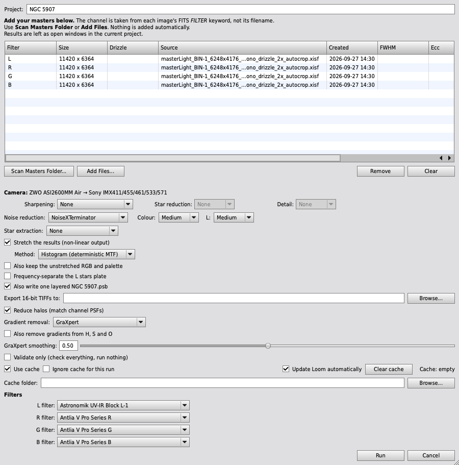 Loom Preprocess PixInsight script interface showing its master processing workflow